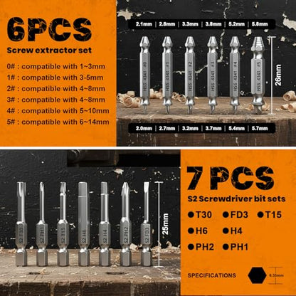 Damaged Screw Extractor Set,13 Pcs Bolt Extractor Set, Stripped Screws Nuts & Bolts Drill Bit Tools for Easy Removal of Rusty Broken Screw,Christmas Stocking Stuffers for Men Adults Him,Mens Gifts