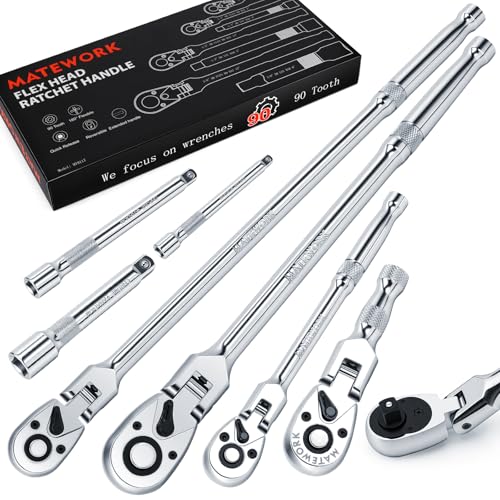 Matework 7Pcs Flex Head Ratchet Set, 1/4”, 3/8” and 1/2” Drive Swivel Ratchet Wrench with 180° Flex Head, 90 Tooth, Quick-Release, Extra Long Handle Ratchet with Extension Bar and EVA Foam, CR-V Steel - size: 7pcs 90T Flex Head Ratchet Set