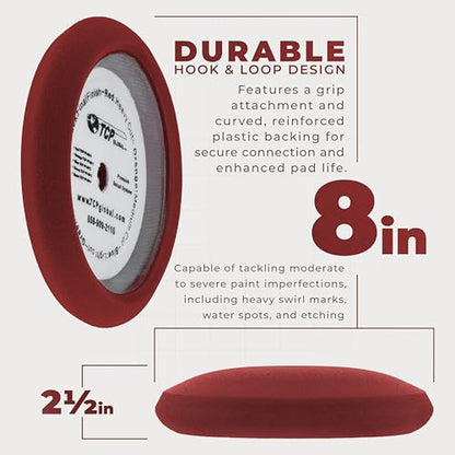 TCP Global 8" Red Foam Buffing Pad Extra Coarse Cutting Polish Hook and Loop Backing - Buffing Pad for Automotive, Marine, Truck, RV & Compound Cutting - color: Red
