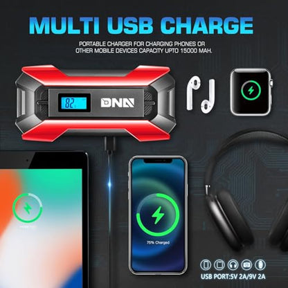 ‎DNA Motoring TOOLS-00214 12V 1500A 15000 mAh Multi-Function Portable Car Battery Jump Starter for Up to 7.0L Gas & 5.5L Diesel Engine, with Carry Case, Red - color: Red, style: 1500A Peak