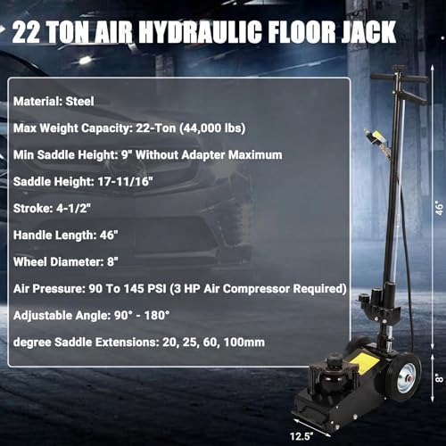 22 Ton Air Hydraulic Floor Jack for Heavy Duty Trucks & Tractors – Low Profile (9"-17.7"), 4 Adapters, 46" Adjustable Handle – 44,000 lbs Capacity - color: 22 Ton Black