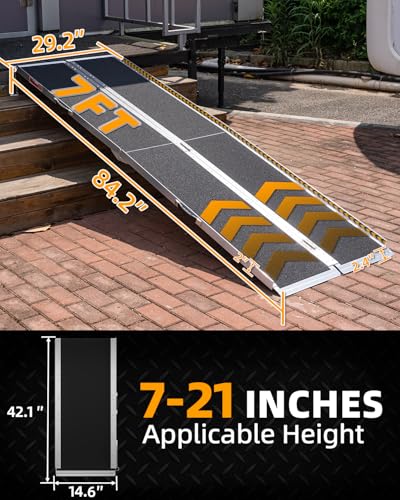 VNN Portable Wheelchair Ramp 7FT, Seamless Non-Slip Aluminum Ramps for Wheelchairs for Home, Handicap Wheelchair Ramps for Home Steps, Aluminum Loading Dock Plates, Doorways, Black - size: 7FT (Usable height 7-21 inch)