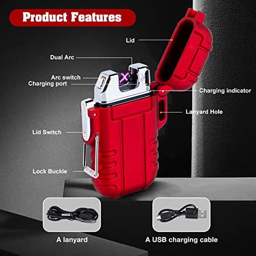 LcFun Arc Lighter Waterproof Windproof Rechargeable USB Plasma Flameless Electric Lighters with Lanyard Sports Fan Lighters for Survival, Tactical, EDC Gear, Camping (Red) - color: Red (Without Whistle)