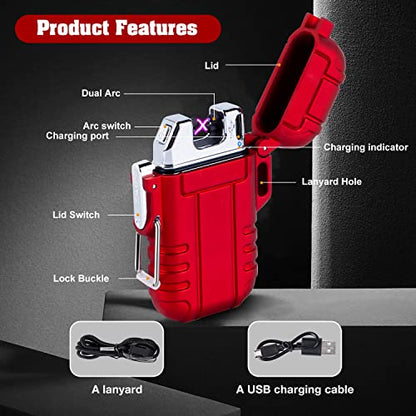 LcFun Arc Lighter Waterproof Windproof Rechargeable USB Plasma Flameless Electric Lighters with Lanyard Sports Fan Lighters for Survival, Tactical, EDC Gear, Camping (Red) - color: Red (Without Whistle)