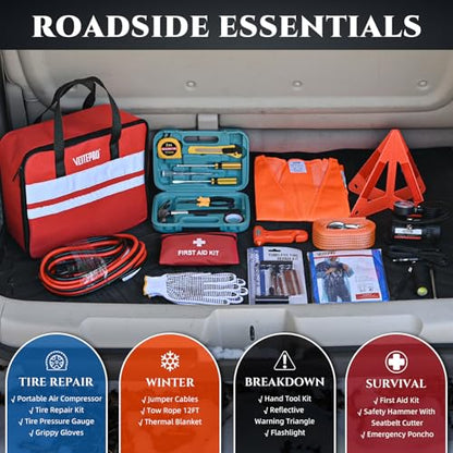 Roadside Emergency Car Kit for Vehicles, Car Emergency Kit with Jumper Cables, Air Compressor, First Aid Kit, Car Safety Tool Kits, Road Trip Assistance for Men, Women, New Driver Gifts