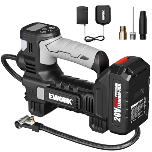 EWORK 20V Tire Inflator Portable Air Compressor for Car Tires with Battery & Charger, Cordless Air Pump with Digital Pressure Gauge & Auto Shut Off, Fast Tire Pump for Car, Motorcycle & Bike