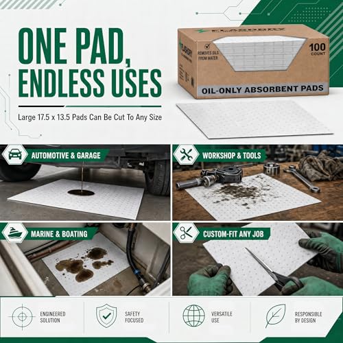 FlashDry Oil Absorbent Pads, High Absorbency 17.5” x 13.5”, 100 Count | Oil absorbing sheets, Water-Repellent, Tear-Resistant, Premium Mats, Ideal for Garage, Driveway, Automotive, Marine Use - size: 100 Pads - 2mm