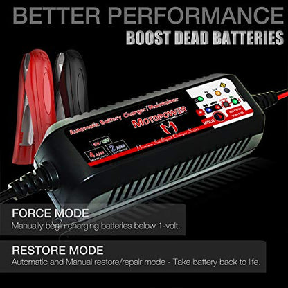 MOTOPOWER MP00207 6V and 12V 4AMP Automatic Smart Battery Charger | Battery Charger, Battery Maintainer, Battery Desulfator with Force Charging Recondition Mode
