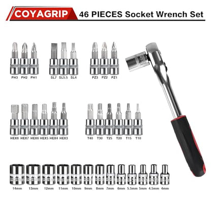 46PCS Socket Ratchet Wrench Set, 1/4 Inch Drive Small Tool Set with Screwdriver Bit Sockets Extension Bar and Storage Case, Metric Socket Set for Car Repair and Home Use - color: Red