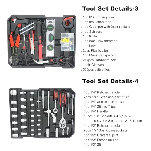 RYH 899pcs All-in-One Professional Tool Set & Rolling Tool Box Set - 4 Drawer Organizer Storage Case - Complete Home, Auto, Mechanic Tool Kit for DIY, Homeowner, Handyman Tool Set (Black) - color: 899pcs+Black