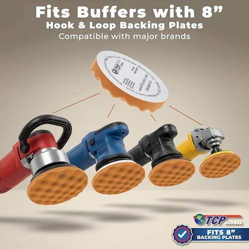 TCP Global 8" Orange Waffle Foam Buffing Pad Hook and Loop Backing - Coarse Buffing Pad for Polishing, Automotive, Marine, Truck, RV & Compound Cutting, Car Polishing Pads - color: Orange