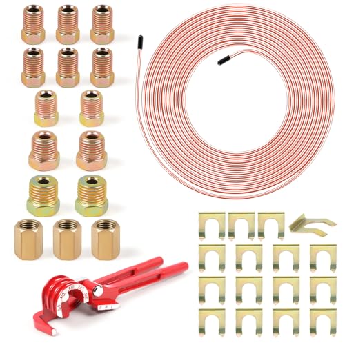 3/16" 25FT Copper Coated Brake Line Kit with Inverted Nuts and Unions, 3 in 1 Tube Bender, Brake Line Clips, Copper Coil Repair Kit for Car Industrial Hydraulic Brake Systems(Gold) - color: Gold, size: 3/16"