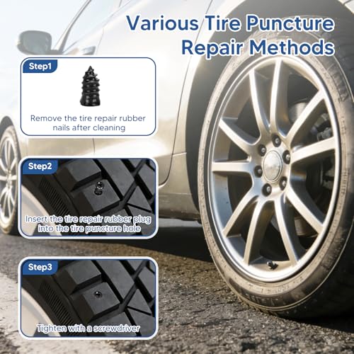 60pcs Tire Repair Screws Kit with Pliers and Screwdriver, Vacuum Rubber Nails Self-Service Flat Tire Plug Kit for Tubeless Car, Truck, Motorcycle, ATV, Tractor Puncture Emergency Repair