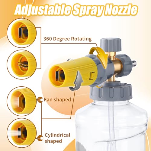 Tool Daily Pressure Washer Foam Cannon with Dual Connector, 1.5 Liter | Adjustable Soap Cannon with M22-14mm and 1/4” Quick Connect Fittings, Wide Mouth, Additional Orifice Nozzle 1.1mm, 3600 PSI - color: Grey, Yellow