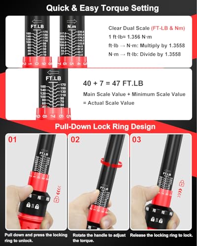 ATsafepro 1/2" Drive Torque Wrench Set, 10-170 ft-lb ±3% Accuracy, 72-Tooth Click Torque Wrench with 17/19/21mm Lug Nut Sockets, Extension Bar, Tire Pressure Gauge & 20pcs Flat Tire Repair Kit for Car