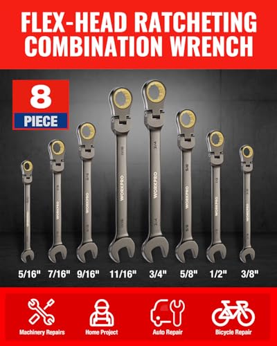 WORKPRO 8-piece Flex-Head Ratcheting Combination Wrench Set, SAE 5/16-3/4 in, 72-Teeth, CR-V Constructed, Nickel Plating with Organizer Bag - size: SAE, style: Nickel Plating