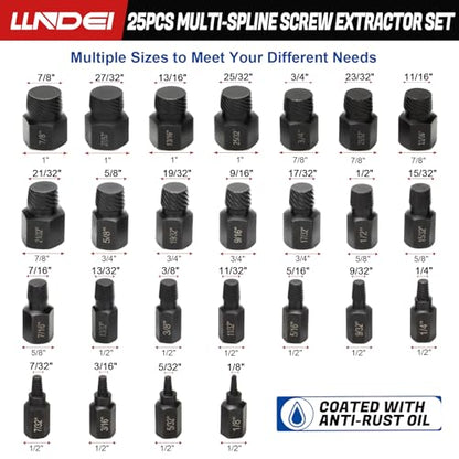 LLNDEI Screw Extractor Set Hex Head Multi-Spline Easy Out Bolt Extractor Set, EZ Out Rounded Screw Remover, 1/8 Inch to 7/8 Inch in 1/32-Inch Increments, CR-MO, 25 Pieces, Stripped Fastener Tool - size: Screw Extractor Set -25pcs