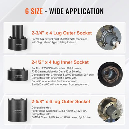 VEVOR Spindle Nut Socket Tool Kit - 1/2 inch Drive 6 Piece Axle Hub Nut Socket Axle Spindle Nut Retainers Remover with Storage Case for Toyota, Ford, 4WD Vehicles and GM Vehicles