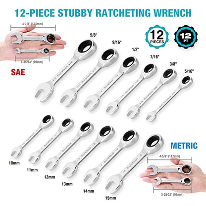 DURATECH 32-Piece Ratcheting Combination Wrench Set, 20 PCS Combo Wrench Set & 12P CS Stubby Wrench Set, SAE & Metric, CR-V Steel, with Rolling Pouch - size: 32-Piece