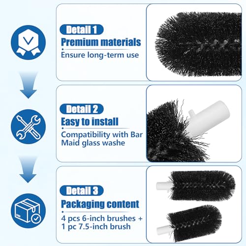 BRS-1722 Glass Washer Replacement Brush Set Part(4 pcs 6-inch Brushes +1 pc 7.5-inch Brush) Compatible with Bar Maid Glass Washer, Replacement SS-100, SS-101, A-200, A-205