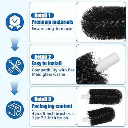 BRS-1722 Glass Washer Replacement Brush Set Part(4 pcs 6-inch Brushes +1 pc 7.5-inch Brush) Compatible with Bar Maid Glass Washer, Replacement SS-100, SS-101, A-200, A-205