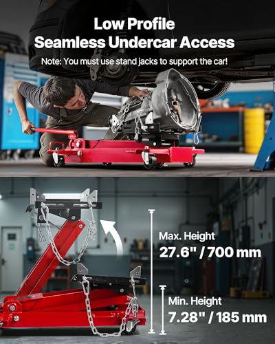 VEVOR Adjustable Floor Transmission Jack 2200 lbs/1T Low Profile Hydraulic Transmission Telescoping Heavy-Duty Lift Jack 7.28-27.6 in Lifting Height, 360° Swivel Front Wheels - size: 2200 lbs