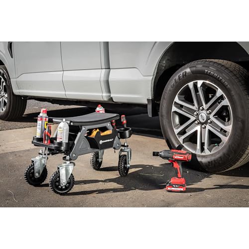 Powerbuilt Big Wheel Rolling Seat, Off-Road Series, Locked in Tool Trays, Heavy-Duty Wheels for Gravel and Rocks - Grey 642965ECE