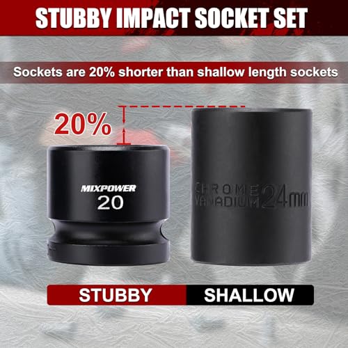 MIXPOWER 15-Piece 1/2" Drive Stubby Impact Socket,CR-MO,10-24mm,6-Point,Metric,Radius Corner Design, Axle Nut Impact Grade Socket for Easy Removal - size: 1/2" Drive / Metric Set