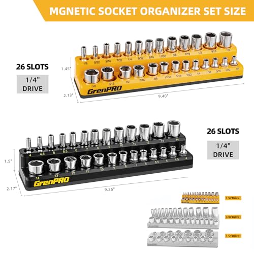 GRENPRO Socket Organizer, 2-Piece Drive SAE & Metric Socket Holder, 1/4" Tray Holds 52 Sockets(Socket Not Included) - style: 2-Piece Magnetic Socket Holder 1/4"