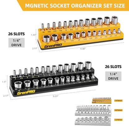 GRENPRO Socket Organizer, 2-Piece Drive SAE & Metric Socket Holder, 1/4" Tray Holds 52 Sockets(Socket Not Included) - style: 2-Piece Magnetic Socket Holder 1/4"