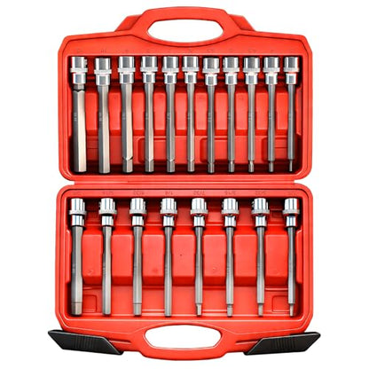 3/8 Inch Drive Extra Long allen hex bit socket set, 19-Piece Standard SAE & Metric Allen socket set, CR-V and S2 Steel (Allen Hex Bit), Automobile repair tools