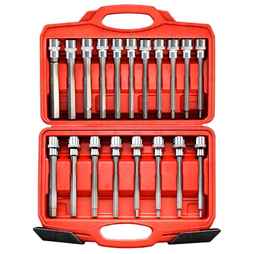 3/8 Inch Drive Extra Long allen hex bit socket set, 19-Piece Standard SAE & Metric Allen socket set, CR-V and S2 Steel (Allen Hex Bit), Automobile repair tools