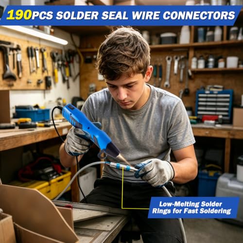 350W Mini Heat Gun Kit with 460pcs Waterproof Solder Seal Wire Connectors & 3:1 Heat Shrink Tubing, Dual-Temp 482°F/752°F (250°C & 400°C) Fast Heating for Automotive, Marine, Wiring Repair 10-26 AWG - size: 460