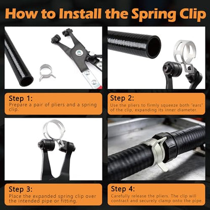 352Pcs Carbon Steel Spring Hose Clamp Kit - Black Oxide + Case & Pliers | 15 sizes 6-25mm, 352 pcs with case + clamp pliers & removal tool. Carbon steel, black oxide finish, for low-pressure systems.