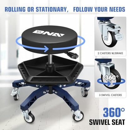 DNA Motoring Rolling Shop Stool, Adjustable Height Padded Rolling Seat, Pneumatic Roller Mechanic Stool for Garages, w/Tool Storage Tray, 300lbs Capacity, TOOLS-00636-BK-BL - style: Blue Tray Model