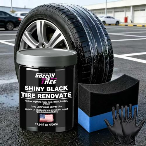 Shiny Black Tire Renovator, The Perfect Deep Black Shine - Long Lasting Car Tire Dressing - No Sling & Dry to Touch, Kit with Applicator and waxing Gloves