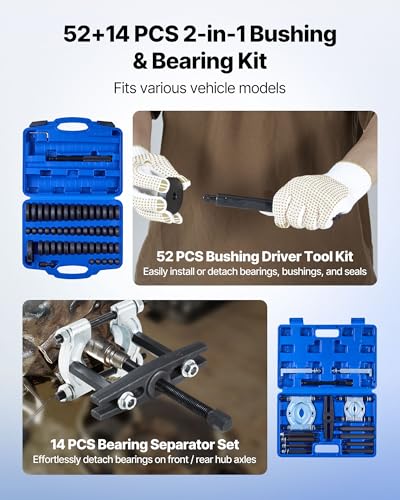 VEVOR 52pcs Custom Bushing Bearing and Seal Driver Set & 14pcs Bearing Puller Kit, 2 in 1 Bushing Bearing Driver Press Kit, Heavy Duty Removal Installation Tool Set with 49 Bushings, Separators & Jaws