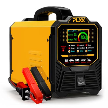PLXX 12V 24V Car Battery Charger Heavy Duty 0-15A Automatic Smart Trickle Charger with Auto Shutoffs, Repair, Winter Mode, for Automotive Car Truck Motorcycle Lawn Mower Boat Marine AGM