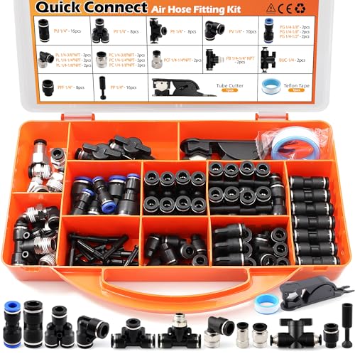 90PCS 1/4" 3/8" PBT & Brass Push-to-Connect Air Fittings Kit, Black Quick-Connect Pneumatic Set for Auto Shops & Garage Air Systems, with Tube Cutter & Tape in Toolbox Case - size: 90PCS Black