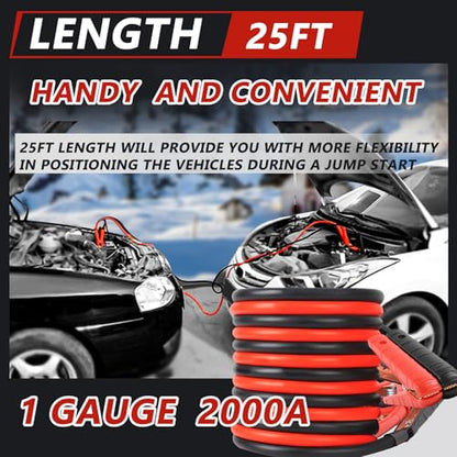 Jumper Cables, 1 Gauge 25FT Heavy Duty Booster Cables for Jump Starting Dead or Weak Batteries, Automotive Booster Cable for Car Van Truck,With Storage Bag & Gloves - size: 1 Gauge - 25FT