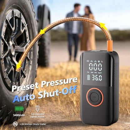 Portable Tire Inflator, 150PSI Cordless Air Compressor with 12V DC Power | Dual Power 5400mAh Air Pump, 6-Min Inflation, Auto Shut-off, Pressure Gauge, LED Light, Built-in Storage, for Car Bike Ball
