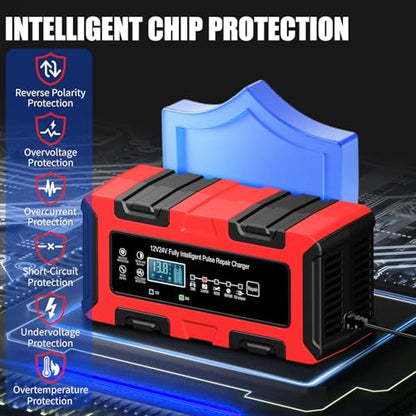 12V/24V 10Amp Smart Car Battery Charger, Automatic Maintainer & Trickle Charger, Desulfator, Temp Compensation, Overcharge Protection for Automobile Truck Motorcycle Boat LiFePO4 AGM Gel STD Batteries