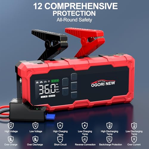 8000A Jump Starter with Air Compressor, 26800mAh 150PSI Portable Car Battery Jump Starter (All Gas/16L Diesel), 12V Supersafe Jump Box Car Battery Booster with Jumper Cables, Lights, Cigarette Lighter - size: L