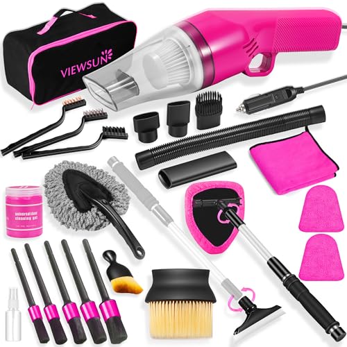 20PCS Pink Car Cleaning Kit, Car Interior Detailing Kit with Red High Power Handheld Vacuum, Detailing Brush Set, Windshield Cleaner, Cleaning Gel, Complete Auto Accessories for Women - color: Pink