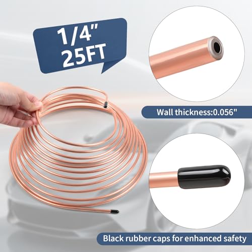 1/4" 25FT Copper Coated Brake Line Kit with Inverted Nuts and Unions, 3 in 1 Tube Bender, Brake Line Clips, Copper Coil Repair Kit for Car Industrial Hydraulic Brake Systems(Gold) - color: Gold, size: 0.25 Inch