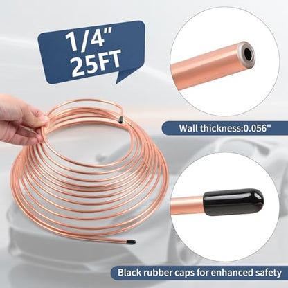 1/4" 25FT Copper Coated Brake Line Kit with Inverted Nuts and Unions, 3 in 1 Tube Bender, Brake Line Clips, Copper Coil Repair Kit for Car Industrial Hydraulic Brake Systems(Gold) - color: Gold, size: 0.25 Inch