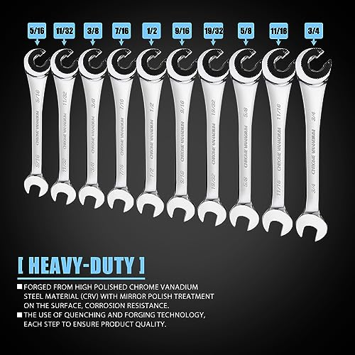 LOSCHEN 10 pcs SAE Ratcheting Wrench Combination Wrench Set 10 Pcs/Set with 72 Teeth, Chrome Vanadium Steel Tubing Ratchet Spanner（US and European Patents） - size: SAE set/10pcs