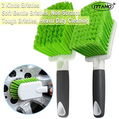 2 Pack Car Wash Brush, Tire Brush for Cleaning Tires, Soft & Stiff Bristle Wheel Cleaner, Car Cleaning Supplies for Wheels, Rims, Carpet, Truck, SUV, Moto, RV, Motorcycle