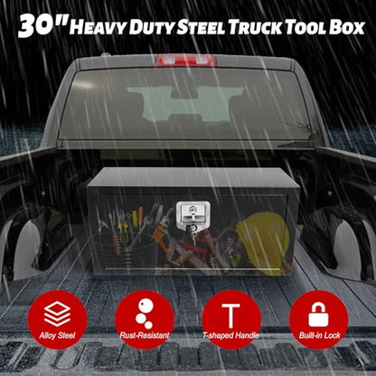 Heavy Duty Steel Plated Underbody Truck Tool Box with T-Handle Lock, Waterproof Tongue Box for Storage with Smooth Surface for Truck, Pickup, RV, Trailer - Black, 30" x 12" x 14" Inch - size: 30" x 12" x 14"