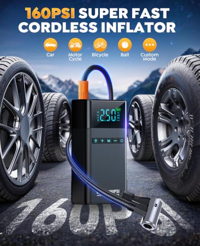 Car Battery Jump Starter with Air Compressor 6000A 160PSI, Car Jumper Starter Portable (All Gas/12L Diesel), 12V Jump Box Car Battery with Auto-Shutoff Tire Inflator, Jumper Cables and Light - color: Glossy Black
